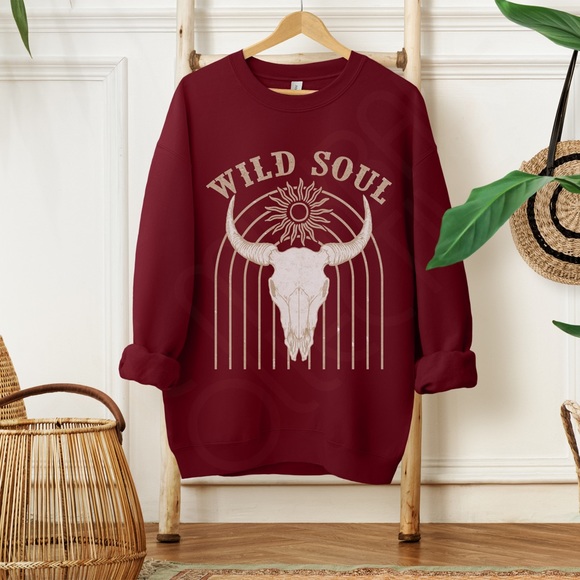 Boho Wild Soul Cow Skull Graphic Crewneck Sweatshirt - Picture 5 of 10